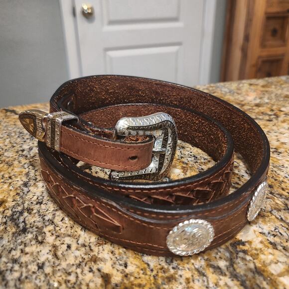 Vintage Western Leather Belt with Silver Buckle Size 42 main image 3